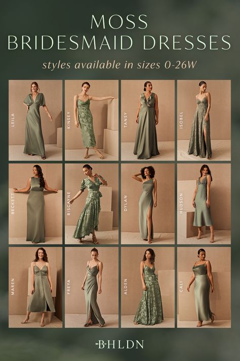 Meet moss, a soft and sophisticated new color for bridesmaids. BHLDN's moss bridesmaid dresses are available in sizes 0-26W, with a variety of chic silhouettes that showcase the personalities in your party. We especially adore this natural green bridesmaid dress hue for summer and fall weddings!​ Bridesmaid Dress Colors, Olive Bridesmaid Dresses, Different Bridesmaid Dresses, Green Bridesmaid Dresses Beach, Moss Bridesmaid Dress, Summer Bridesmaid Dresses, Sage Green Bridesmaid Dress, Mixed Green Bridesmaid Dresses, Green Bridesmaid Dresses