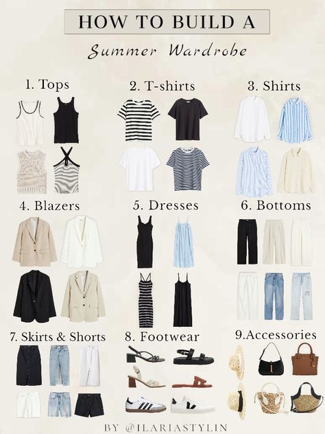 capsule wardrobe, summer capsule wardrobe, summer wardrobe, summer closet, summer fashion, tank top, black top, white top, striped t-shirt, black t-shirt, white t-shirt, white shirt, striped t-shirt, striped shirt, white shirt, striped shirt, linen shirt, white blazer, beige blazer, linen blazer, midi dress, maxi dress, black dress, black pants, white pants, linen pants, white jeans, blue jeans, ripped jeans, denim skirt, midi skirt, white shorts, denim shorts, style inspo, women fashion Casual Chic, Capsule Wardrobe, Outfits, Travel Capsule Wardrobe, Summer Travel Wardrobe, Summer Wardrobe Essentials, Capsule Wardrobe Planning, Spring Wardrobe Essentials, Summer Essentials Clothes