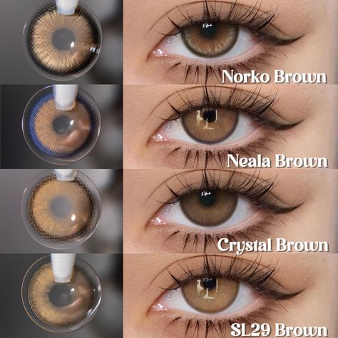 🥳Four recommended brown contacts with rim rings.😍 Each lens makes your eyes more attractive! 👁‍🗨-⁠ #NorkoBrown | 1 Year - $24.00⁠ 👁‍🗨-⁠ #NealaBrown | 1 Year - $27.00⁠ 👁‍🗨-⁠ #CrystalBrown | 1 Year - $26.00⁠ 👁‍🗨-⁠ #SL29Brown | 1 Year - $24.00⁠ 💗Follow @just4kira for more contacts and beauty⁠ ⁠. . . . #JUST4KIRA #coloredcontacts #browncontacts #browneyes #lenses #instagood #instalike #followme #instagram Rc Lens, Lenses, Lenses Eye, Brown Contact Lenses, Coloured Contact Lenses, Contact Lenses Colored, Hazel Eye Contacts, Lens, Colored Eye Contacts