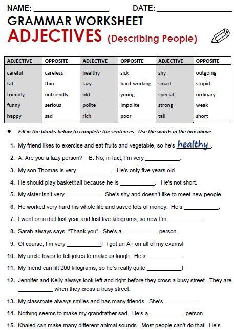 Practice Worksheet For Class 2 English Grammar – Adjectives English, Adjectives To Describe Personality, Adjectives Grammar, Adjectives Exercises, English Adjectives, Grammar Quiz, Grammar Exercises, Grammar Lessons, English Grammar Exercises