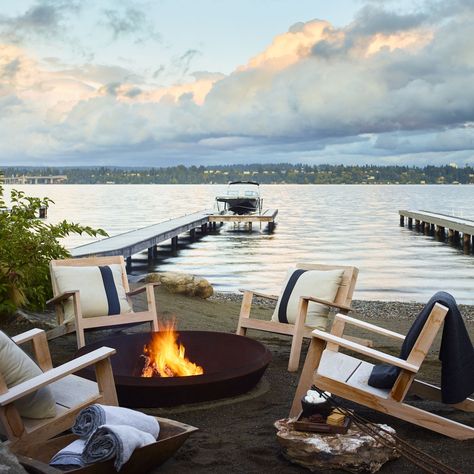 12 Inspiring Outdoor Fire Pits for Breezy and Cozy Evenings | The Study #outdoorfirepit Outdoor, Cabin Life, Lake House, Lakeside Living, Lake Cottage, Log Cabin, River House, Cottage Decor, Summer House