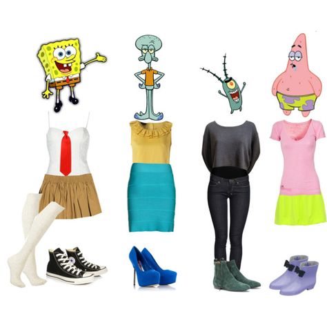 SpongeBob, Squidward, Plankton and Patrick from SpongeBob Square Pants Barbie, Disney Outfits, Disney, Halloween, Spongebob Outfit, Spongebob Square, Spongebob Squidward, Spongebob, Disney Characters Costumes