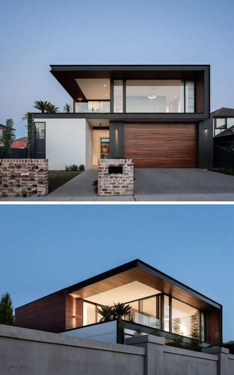 A combination of concrete, recycled bricks, solid timber, and black steel have been used throughout the design of the house. #ModernHouse #ModernArchitecture House Plans, Modern House Design, Architecture, Modern House Facades, Modern Exterior House Designs, House Front Design, Facade House, Modern Architecture House, House Architecture Design