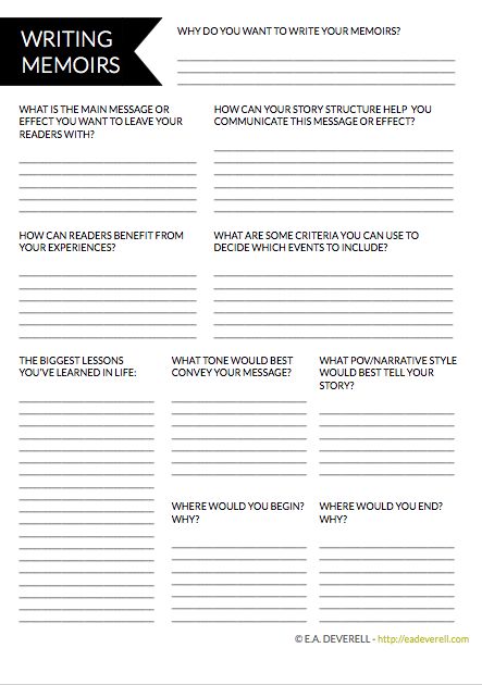Creative Writer Worksheet – Writing Memoirs (PDF) This week’s worksheet is for the memoirists among us – those writers whose lives are their masterpiece. Or is that every one of us, after all? “How vain it is to sit down to write when you have not stood up to live” – Henry David Thoreau. Related Writing A Book, Writing Tips, Autobiography Writing, Essay Writing Skills, Memoir Writing Prompts, Writing A Biography, Book Writing Tips, Memoir Writing, Writing Coach