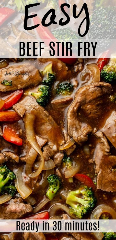 closeup of stir fry with text overlay that reads easy beef stir fry - ready in 30 minutes! Stir Fry, Pasta, Easy Beef Stir Fry, Beef Steak Recipes Easy, Beef Pieces Recipes, Recipe Using Beef Tips, Beef Strips, Easy Beef Recipes, Recipes With Beef Strips