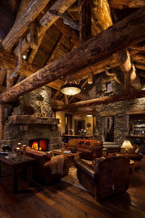 foxtail-residence-big-sky-log-cabin-great-room-2 Log Cabin Homes, Home Décor, Cabin Decor, Cozy Living Spaces, Cabin Style, Cabin Interiors, Cabin Interior, Cabin Homes, Log Cabin Interior