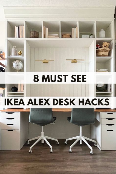 I found the 8 most unique desk hacks with the IKEA Alex drawer system. Make a unique and affordable desk for yourself or your kids Ikea Hacks, Ikea, Ikea Desk Hack Home Offices, Ikea Office Hack, Ikea Double Desk Hack, Ikea Hack Desk, Ikea Desk Hack, Ikea Built In, Ikea Small Desk