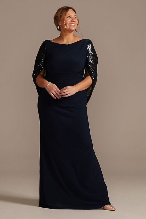 Sequin Capelet Sleeve Plus Size Sheath Dress | David's Bridal Evening Gowns, Gowns, Formal Dresses, Formal Dresses Long Plus Size, Plus Size Gowns, Evening Dresses Plus Size, Sheath Dress, Plus Size Evening Gown, Mother Of The Bride Dresses Long