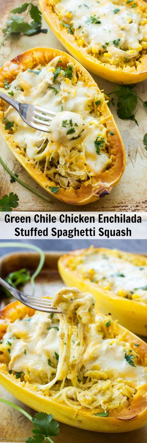 Green Chile Chicken Enchilada Stuffed Spaghetti Squash | You won't miss the tortillas, carbs or time spent rolling up the enchiladas when you make this Green Chile Chicken Enchilada Stuffed Spaghetti Squash! Enchiladas, Chicken Recipes, Sandwiches, Healthy Recipes, Spaghetti, Spaghetti Squash, Green Chile Chicken Enchiladas, Spaghetti Squash Recipes, Chicken Dishes