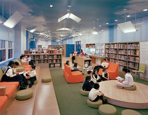The lights are flying books! Awesome rehabilitated school libraries in New York. Library Initiative of The Robin Hood Foundation. Interior, School Architecture, Education Design, School Library Design, School Design, School Building, School Interior, Elementary School Library, Library Design