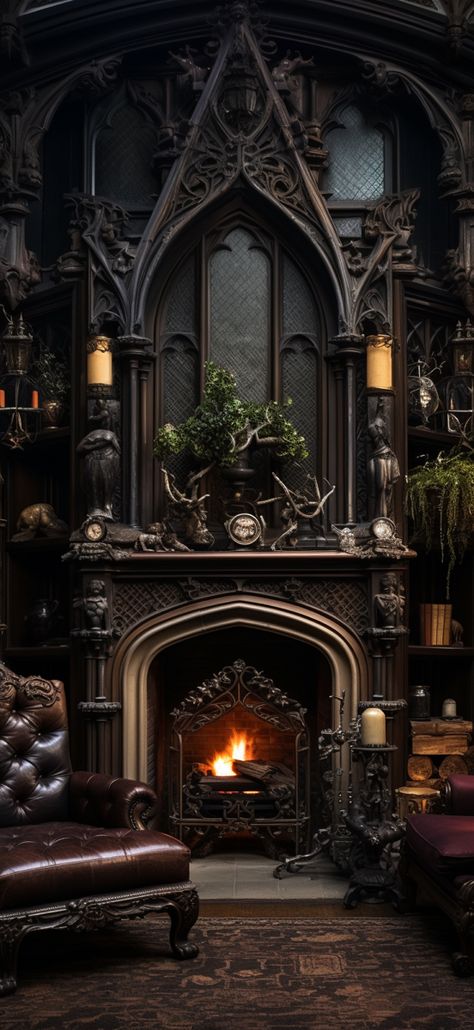 Step into an expansive room, dominated by a roaring fireplace and adorned with dark, intricate woodwork. The mood is set with gothic, moody tones drawing inspiration from the Victorian era. Plush furniture, upholstered in rich leather, complements the warm tonal range. Every element, reminiscent of Jessica Drossin's artistry, echoes an aura of dark elegance and intricate design. #GothicSplendor #MoodyInteriors #VictorianInspired Design, Ombre, Ideas, Architecture, Victorian Gothic Decor, Victorian Gothic Interior Design, Victorian Gothic Interior, Victorian Gothic House, Victorian Gothic Mansion
