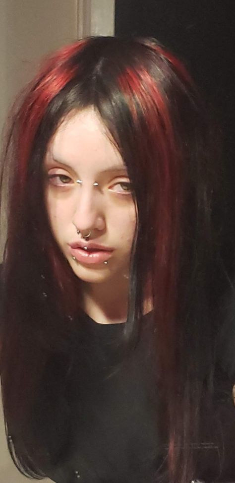 red streaks gothic girl dead girl metalhead girl People, Emo Style, Red Hair, Black Red Hair, Red Hair Inspo, Goth Hair, Emo Hair Color, Aesthetic Hair, Dream Hair