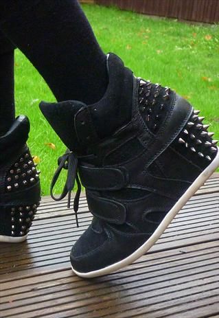 Hidden Wedge High Top Black Spike Studded Trainers / Sneaker Ugly, but I like the spikes :) Fashion Shoes, Boots, Clothes, Mode Outfits, Mode Style, Crazy Shoes, Me Too Shoes, Shoe Obsession, Cute Shoes