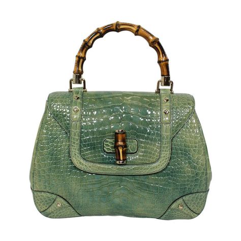 Gucci Mint Green Alligator Handbag with Bamboo Hardware. Purses, Hardware, Gucci Purses, Gucci, Vintage Purses, Purses Crossbody, Vintage Designer Bags, Purses And Bags, Luxury Purses