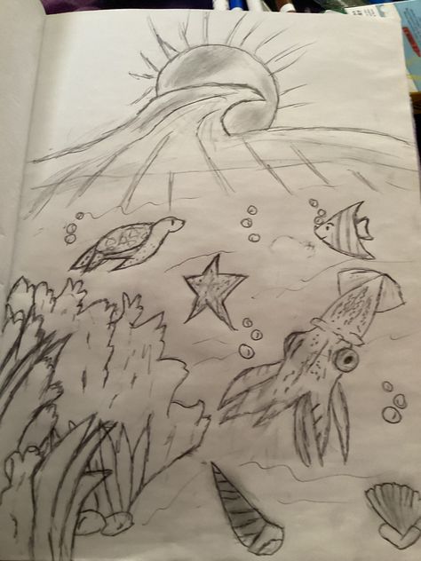 Origami, Ocean Drawing, Sea Drawing, Underwater Drawing, Sea Animals Drawings, Beach Drawing, Under The Sea Drawings, Ocean, Water Sketch