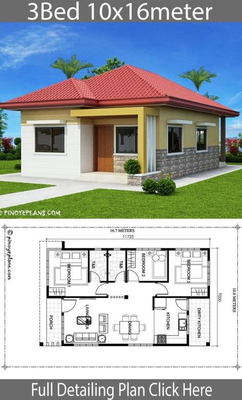 Home Design 10x16m With 3 Bedrooms - Home Ideas House Plans, Simple House Plans, Small House Design Plans, House Layout Plans, Three Bedroom House Plan, Simple House Design, Affordable House Plans, Small House Design, Model House Plan