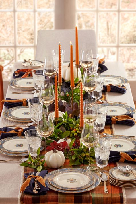 Thanksgiving tablescape set with Autumn dinnerware, fall pumpkins and tall orange candlesticks. Thanksgiving Table, Decoration, Thanksgiving Table Settings, Halloween, Thanksgiving, Fruit, Tables, Floral, Autumn Table