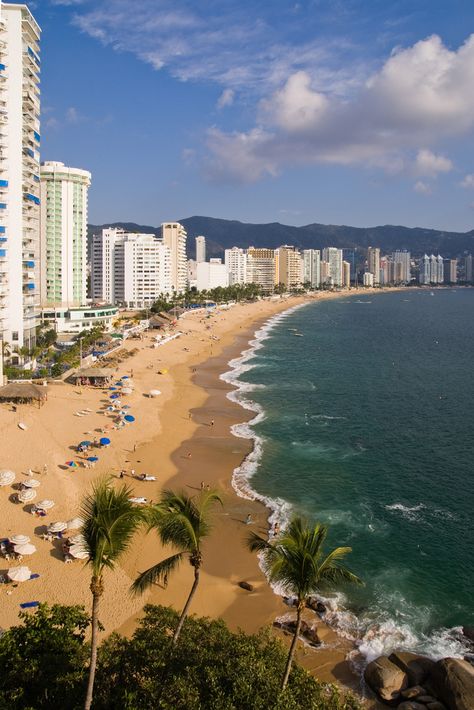 Acapulco!  Such a great long beach to walk. Acapulco, Destinations, Cozumel, Beach, Beautiful Beaches, Beautiful Places, Places To See, Places To Go, Vacation Spots