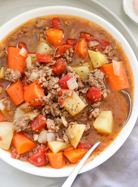 Poor Man's Stew is a budget friendly meal that costs less than $2 per serving! It's absolutely delicious, plus it's very simple to make. This recipe is Whole30 and Paleo compatible, and you can make it in the Slow Cooker OR Instant Pot! Foodies, Slow Cooker, Healthy Recipes, Lunches, Poor Mans Stew, Slow Cooker Soup, Stew Recipes, Hamburger Stew, Soup Recipes Slow Cooker