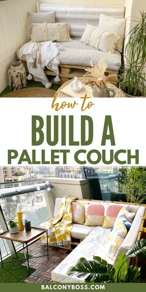 Learn how to build a pallet couch for your balcony, no matter how small your space is! Outdoor furniture can be very pricey, and it’s often difficult to find pieces that match your style and the size of your balcony. Pallet sofas are completely customizable furniture that are super easy to make! Click through for step by step instructions. Diy, Diy Patio Furniture, Diy Pallet Furniture Outdoor, Diy Outdoor Furniture, Pallet Furniture Outdoor Couch, Pallet Couch Outdoor, Pallet Sectional Couch, Pallet Patio Furniture, Diy Pallet Couch