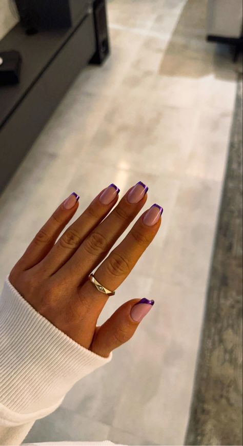 #manicure #chrome #trendy #french #nails #purple Tattoo, Coloured French Nails Tips Square, French Tip Acrylic Nails, French Tip Gel Nails, Square Nails, Chrome Nails, Square Acrylic Nails, Gel Nails French, Purple French Manicure