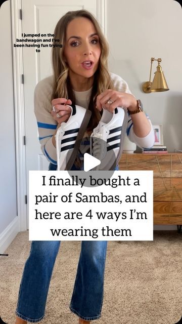 Merrick White / Style Educator on Instagram: "4 ways I’m wearing my new Adidas Sambas sneakers…I finally jumped on the bandwagon! Which outfit do you want to copy??  If you have a pair as well, and need some outfit ideas, I hope this is helpful.  Looking for links? Comment below with the word LINK and I’ll send you a DM with links to all these outfits.  Also, I know sizing is funky for the sambas, but for this pair, they fit very true to size and are VERY comfortable. No break in time required.  #4wayswithmerrick" Adidas Samba Outfit Woman, White Shoe Outfits For Women, Samba And Jeans Outfit, Adidas Shoes Samba Outfit Women, Sambas Adidas Women Outfit Work, Samba Adidas Outfits, Work Outfit Sneakers Women, Adidas Samba Work Outfit, Outfits With White Sneakers Women
