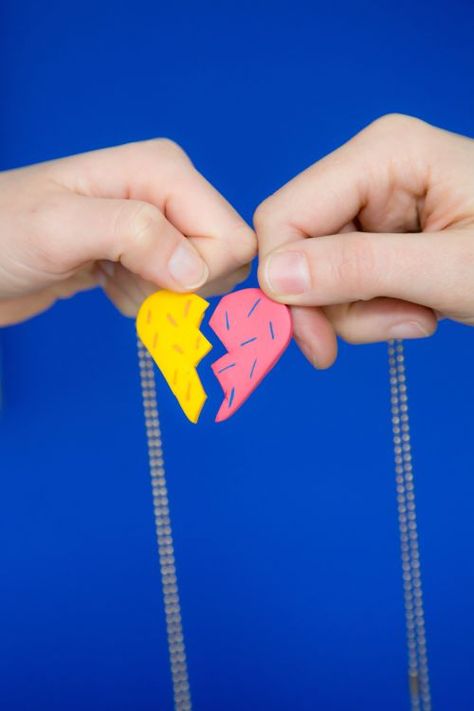 How to Make DIY Friendship Necklace Photo Tutorial | Apartment Therapy Fimo, Gifts, Diy Gifts, Diy, Diy Best Friend Gifts, Diy Gift For Bff, Diy Gift, Gifts For Girls, Friendship Necklaces