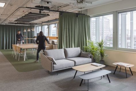 A playful office In the center of Madrid, Zooco estudio has created a unique office space for Goodman Real Estate. The project includes movable curtains, and areas that mix leisure with work. The meeting table is paired with Globus chairs and functions also as a ping pong table, while the reception area includes the Costura sofa and Solapa tables. Photo: @imagensubliminal Office Interior Design, Inspiration, Interior, Design, Office Meeting Room, Office Interiors, Communal Office Space, Lounge Design, Office Design