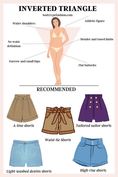Best Shorts Styles for Inverted Triangle Body Shape - Fashion for Your Body Type Dressing, Shorts, Outfits, Inspiration, Triangle Body Shape Outfits, Inverted Triangle Body Shape Outfits, Inverted Triangle Body Shape Fashion, Triangle Body Shape, Triangle Body Shape Fashion