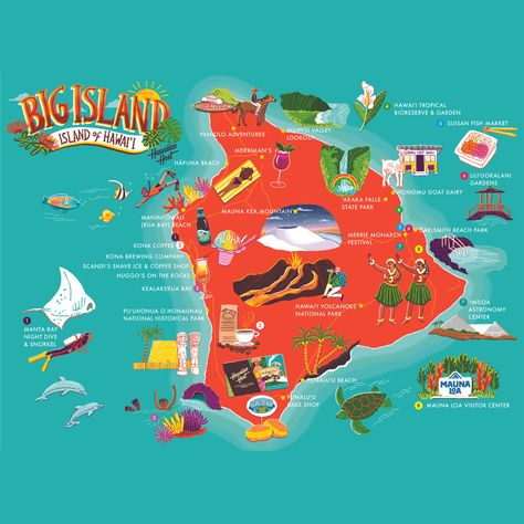 Illustrated map of Big Island, Hawaii with all the fun travel things to. Brought to you by the Host of Hawai'i, creators of the iconic chocolate covered macadamia nut Hawaiian Host. Wanderlust, Trips, Big Island Hawaii, Hawaii Tours, Hawaii Island, Hawaii Things To Do, Big Island Hawaii Kona, Hawaii Hikes, Big Island Hawaii Activities