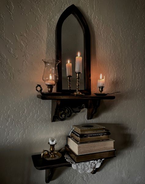 Dark Cottage Core Furniture, Esoteric Home Decor, Cottage Core Goth Living Room, Magical Decor Home, Victorian Shelf Decor, 1910s Aesthetic House, Goth Room With White Walls, Room Of Curiosities, Victorian Goth Room Aesthetic