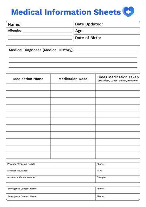Printable Medical Information Sheets Organisation, Diy, Ideas, Disney, Medication Chart Printable, Medical Binder Printables, Medication Chart, Medical Binder, Health Records
