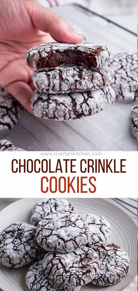 chocolate cookies covered in powdered sugar Protein, Desserts, Chocolate Crinkles, Chocolate Crack, Chocolate Crackle Cookies, Chocolate Cookie Recipes, Bakers Chocolate, Chocolate Crinkle Cookie Recipe, Cookies Soft