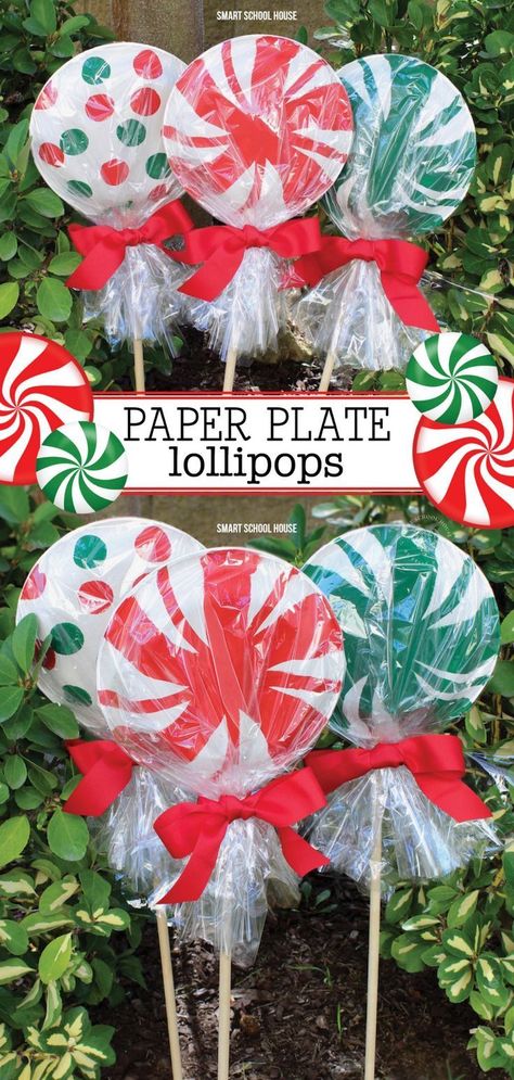 You won't believe how easy and fun it is to make these giant paper plate lollipops for Christmas. They are ADORABLE! Super cute as a garden Christmas decoration or line your driveway with them! They cost less than a dollar each to make! Have fun with your kids making some of these paper plate lollipops to decorate your home and garden the year. #christmas #decoration #garden #outside #easy #holiday Crafts, Christmas Crafts, Xmas Crafts, Giant Lollipops, Christmas Lollipops, Candy Christmas Decorations, Lollipop Craft, Candyland Decorations, Xmas Decorations