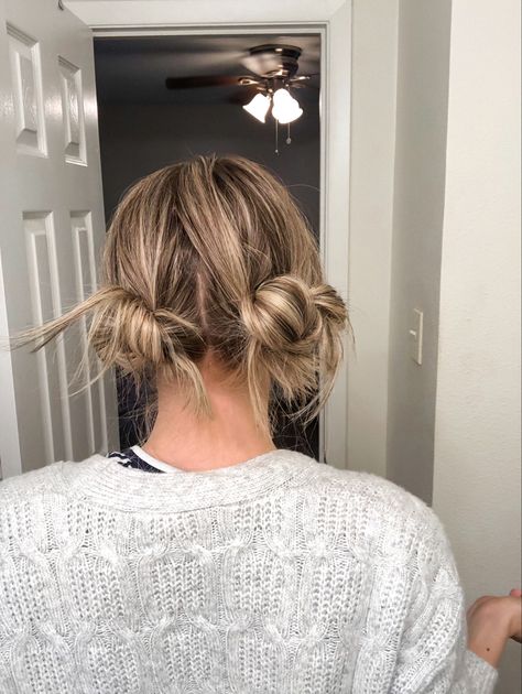 The more adult appropriate fun bun or space buns. This two low bun do is a simple hairstyle that will stay put all day long. Halloween, Volleyball Hair, Buns, Fun Buns, Pigtail Buns, Two Buns Hairstyle, 2 Buns Hairstyle, Bun Hairstyles For Long Hair, Two Buns
