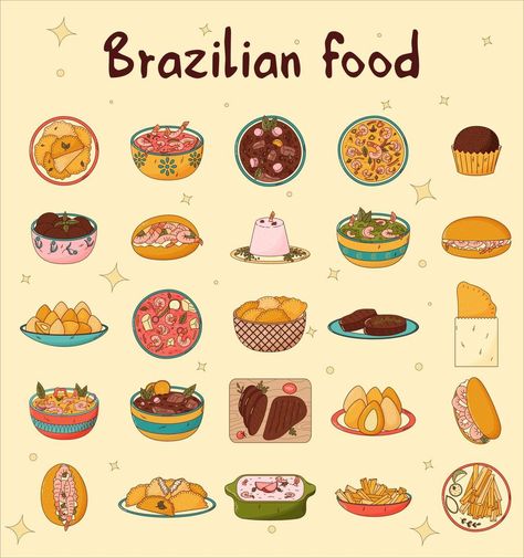 Set of Brazilian traditional food. Vector illustration in hand drawn style Foods, Videos, Food Drawing, Food, Food In Brazil, Food Animals, Brazil Food, Traditional Food, Brazilian Food