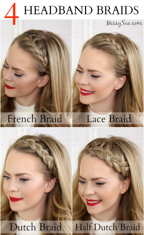 Four Headband Braids is a tutorial that will teach you how to do a French Braid Headband, Lace Braid Headband, Dutch Braid Headband, and Half Dutch Braid Headband. Hairstyle Tutorials, Braided Hairstyles, Hairstyle, No Heat Hairstyles, Braided Headband, Lace Braid, Coiffure Facile, Curly Hair Styles, Peinados