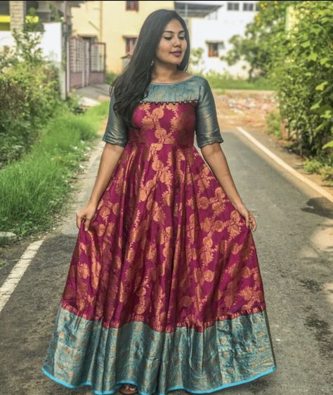 Outfits, Casual, Ideas, Long Frocks With Sarees, Latest Long Frock Designs, Old Pattu Sarees Into Long Frocks, Long Kurti Designs, Latest Blouse Designs Pattern, Designer Blouse Patterns