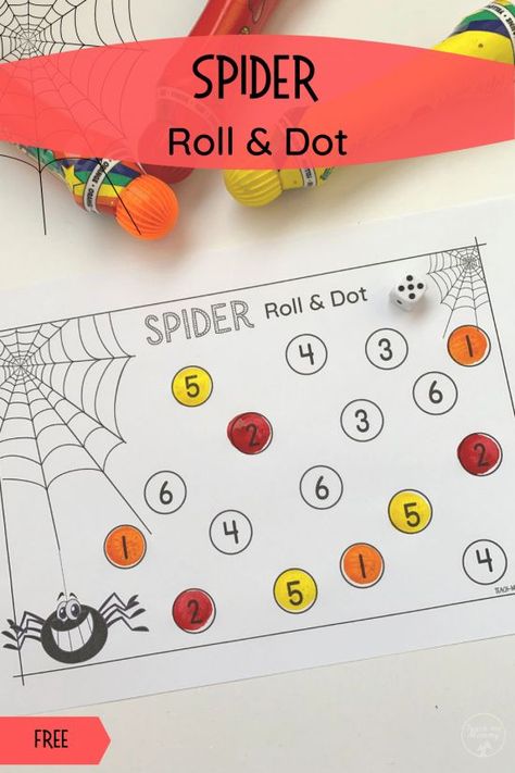 Spider roll and dot activity plus fine motor activity reusing the finished page. #freebies #freeprintables #spiders #teachmemommydotcom Bugs And Insects, Halloween, Worksheets, Pre K, Spider Math Activities, Spider Crafts Preschool, Spider Activities, Spider Math, Spiders Preschool