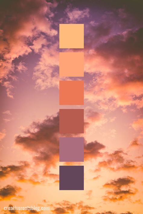 Color palette inspired by a a deep orange and purple sunset and clouds. Fluffy clouds and calming, bright sky. Interior design, graphic design, and more can find inspiration and color ideas from this sunset color palette. Yellow, Gold, Orange, Peach, Rust, Purple, Lavender color palette idea. Colour Palettes, Pantone, Colour Schemes, Color Palettes, Color Schemes Colour Palettes, Colour Pallette, Color Palate, Colour Pallete, Lavender Color Palette