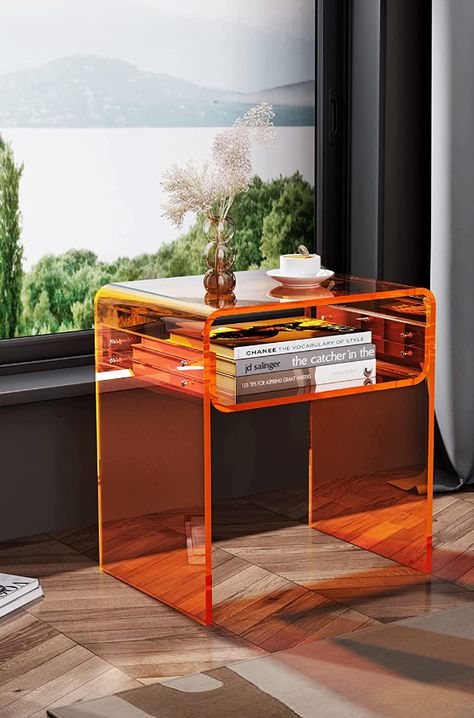 Orange Transparent Funky and Unique Table for the Bedroom or Living Room. Interior, Home Décor, Funky Lamps, Funky Bedside Table, Orange Bedside Table, Funky Living Rooms, Quirky Table Lamp, Bedside Night Stands, Funky Decor