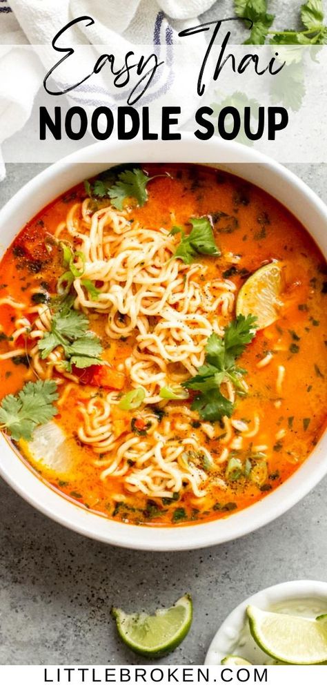 Easy Thai noodle soup with sweet and spicy broth, ramen noodles, and fresh lime juice. Warm and comforting Thai noodle soup made with red curry paste, coconut milk, and noodles of choice. It’s the perfect balance of spicy, salty, sweet, and sour. This soup is perfect for cool days. Plus it comes together very easily and quickly too! Pasta, Chilis, Sandwiches, Healthy Recipes, Red Curry Noodle Soup, Asian Soup Noodle, Noodle Soup Recipes, Ramen Noodle Recipes Soup, Homemade Ramen Noodles Soup
