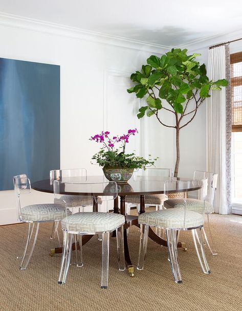 Lucite Klismos Chairs at Round Dining Table - Transitional - Dining Room Interiors, Dining Room, Decoration, Blue Velvet Dining Room Chairs, Blue Velvet Dining Chairs, Transitional Dining Room, Brown Dining Table, Velvet Dining Room Chairs, Dining Room Design