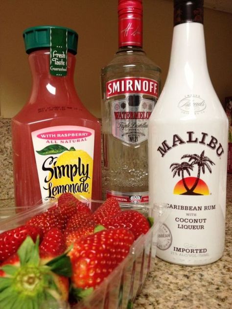 Sneaky beach cocktails! Mixed with watermelon Smirnoff vodka, Cocunut Malibu, simply rasberry lemonade & fresh strawberries. by Deborah Carlson Vodka, Smoothies, Sorbet, Alcohol Drink Recipes, Alcoholic Drinks, Smirnoff, Drinking, Drinks, Alcohol Recipes