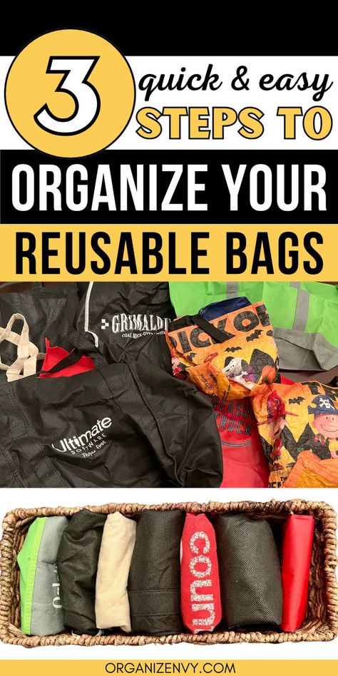 Before and after photos of reusable shopping bag organization and storage Home Organisation, Bags, Easy, Shopping, Easy Step, Shopping Bag, Organization, Declutter, Reusable Bags