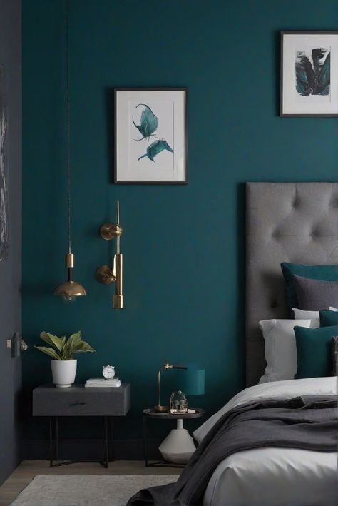dark teal wall paint, bedroom decor, trendy decor option, interior design	Color	match paint, wall painting, interior decor, space planning