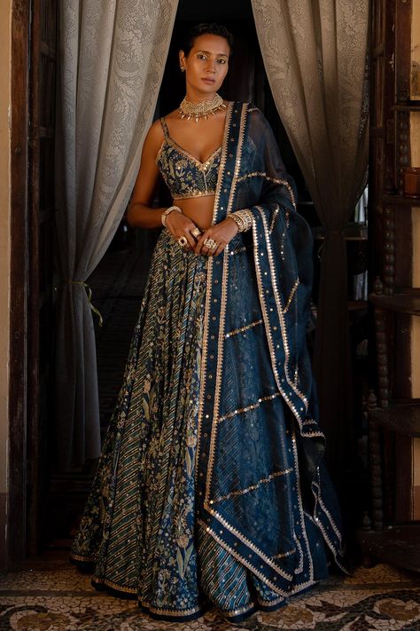 Haute Couture, Printed Blouse Lehenga, Blue Lehenga, Navy Blue Lehenga, Lehenga Designs, Lehenga, Royal Blue Lehenga, Indian Lehenga, Indian Outfits Lehenga