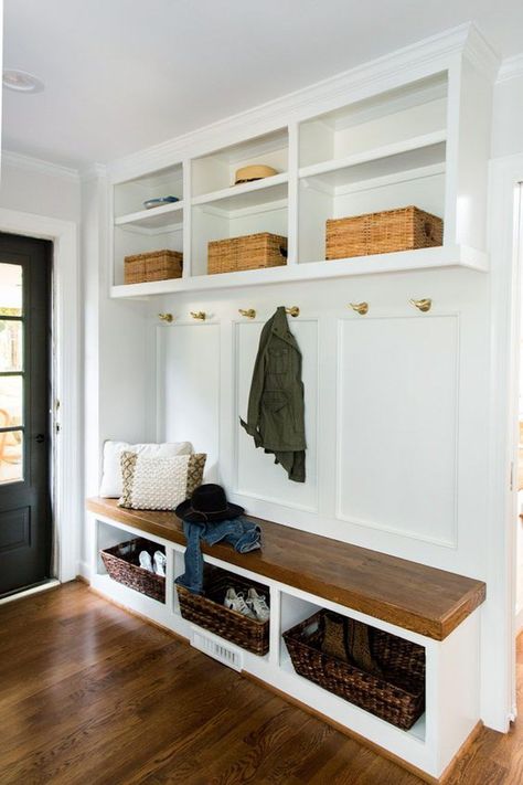 white mudroom bench with basket shoe storage below and shelves above with brass hooks Home, Interior, Benjamin Moore, Home Décor, Mudroom Laundry Room, Mudroom Entryway, Mudroom Bench, Mudroom Remodel, Mudroom Decor