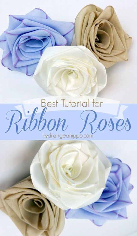 How to make ribbon roses using ANY ribbon - looks best with satin and cotton ribbon. Never buy flowers again - just MAKE your own!! with SmartFunDIY Ribbon Flower Tutorial, Ribbon Flowers Diy, Ribbon Roses, Ribbon Flowers, Ribbon Flower, How To Make Ribbon, Fabric Roses Diy, Ribbon Projects, Satin Ribbon Flowers