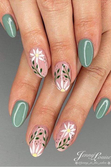 Embrace Spring's Blooming Beauty with Serene Sage Green and Pastel Pink Oval Nails. Click here to explore the delicate floral art adorning these fresh and feminine almond-shaped nails, complete with dainty white daisies and subtle green foliage. 🌸🍃 // Photo Credit: Instagram @pinkysnailsandbeauty Pedicures, Nail Art Designs, Pink, Spring Nail Colors, Spring Nail Art, Cute Spring Nails, Spring Gel Nails Ideas, Cute Nails For Spring, Summery Nails